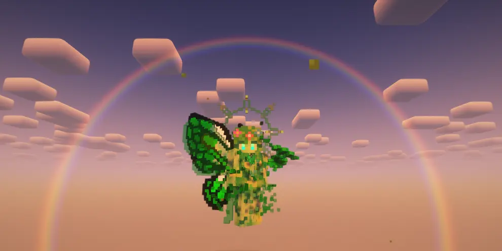 Skin de fada com asas verdes flutuando em um céu de nuvens rosadas com arco-íris